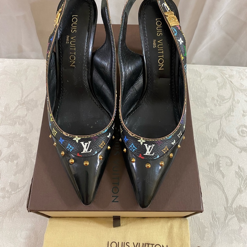 Louis Vuitton Black Leather Heels with Gold-Tone Detailing